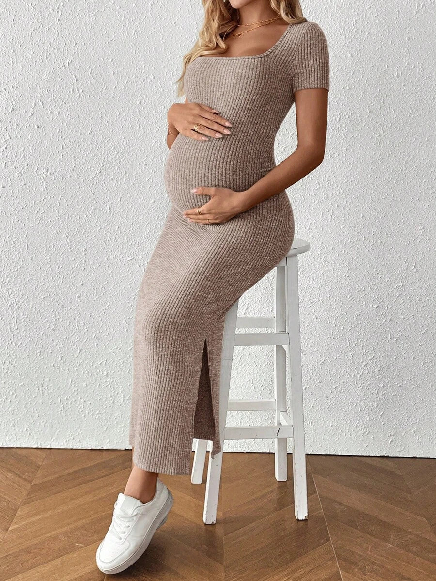 Maternity Square Neck Short Sleeve Midi Bodycon Dress with Side Slit - Sage Green Fitted Pregnancy Outfit - Soft Knit Maternity Wear