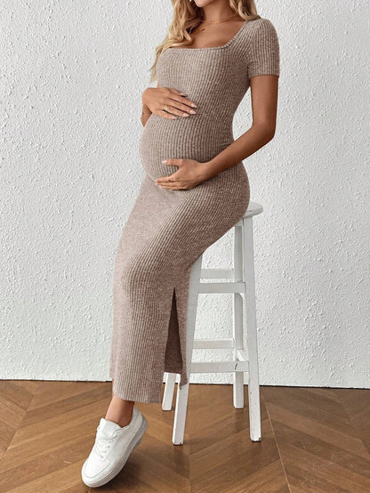 Maternity Square Neck Short Sleeve Midi Bodycon Dress with Side Slit - Sage Green Fitted Pregnancy Outfit - Soft Knit Maternity Wear