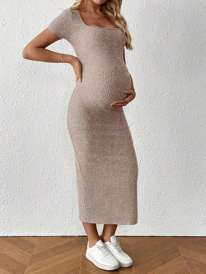 Maternity Square Neck Short Sleeve Midi Bodycon Dress with Side Slit - Sage Green Fitted Pregnancy Outfit - Soft Knit Maternity Wear