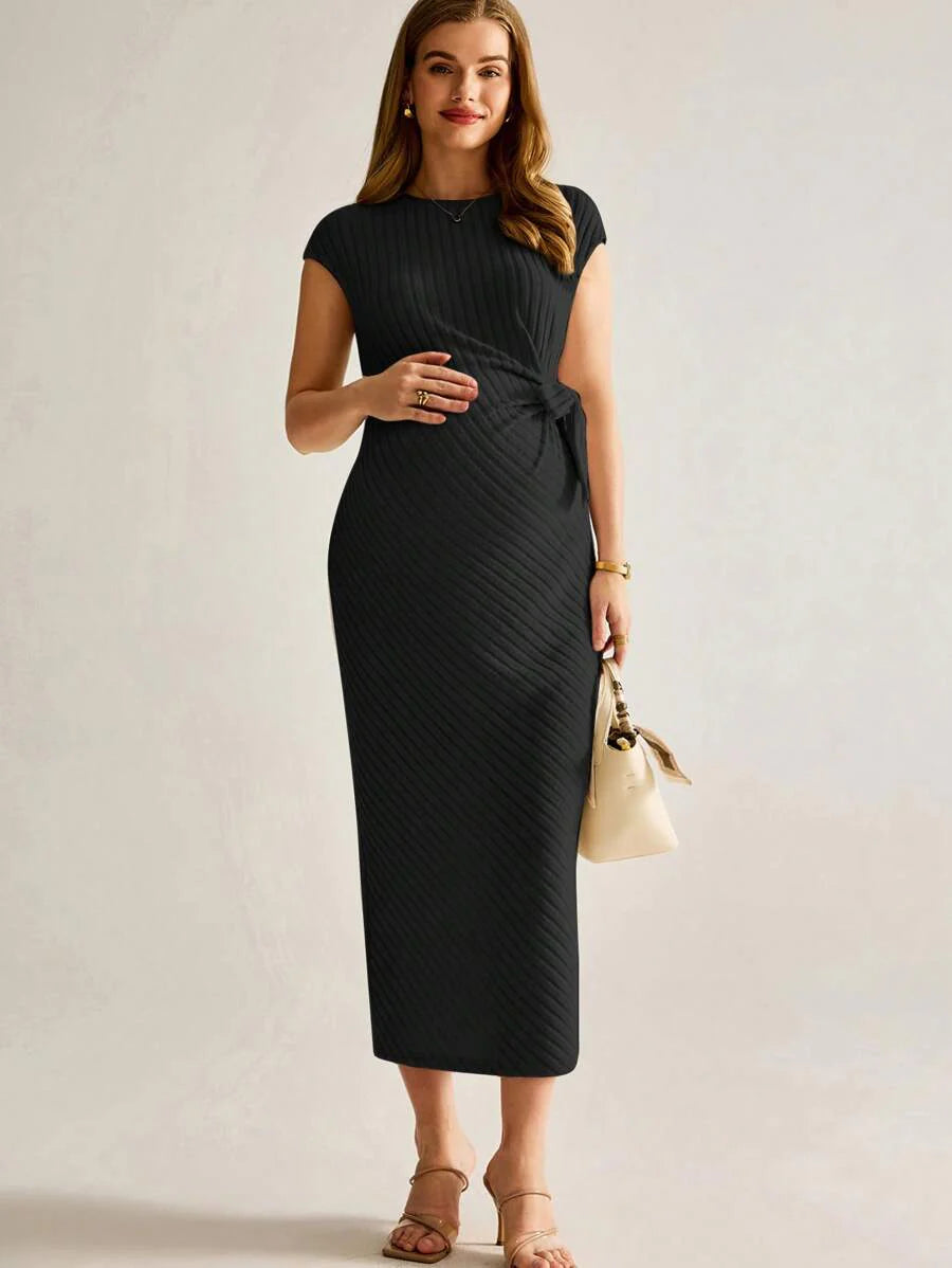 Maternity Knitted Ribbed Fitted Dress - Elegant Green Long Sleeve Solid Bodycon Gown for Baby Shower, Casual Wear & Photoshoot