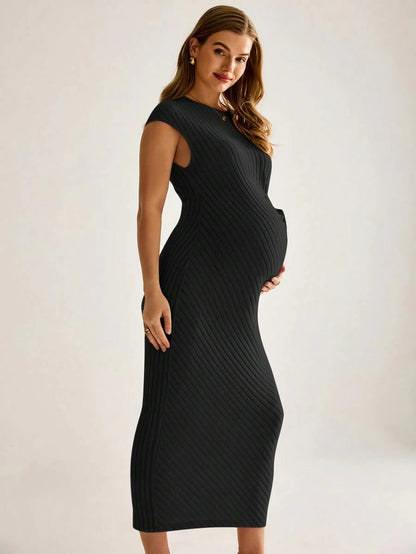 Maternity Knitted Ribbed Fitted Dress - Elegant Green Long Sleeve Solid Bodycon Gown for Baby Shower, Casual Wear & Photoshoot