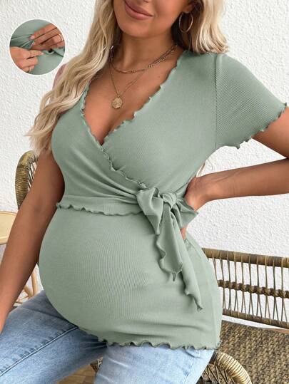 Maternity V-Neck Short Sleeve Belted T-Shirt - Casual Colorblock Regular Fit Summer Knit Top