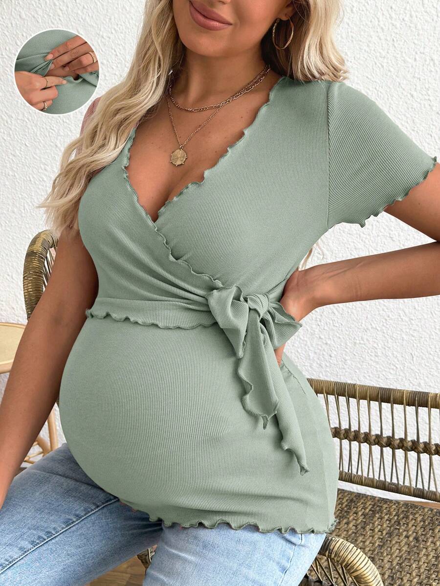 Maternity V-Neck Short Sleeve Belted T-Shirt - Casual Colorblock Regular Fit Summer Knit Top