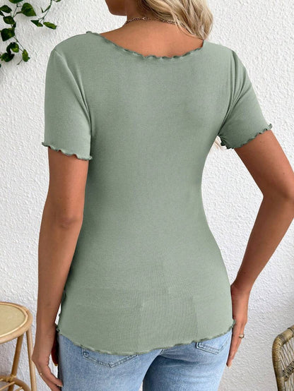 Maternity V-Neck Long Sleeve Tie Front Wrap Top with Lettuce Hem Casual Solid Green Summer Knit T-Shirt