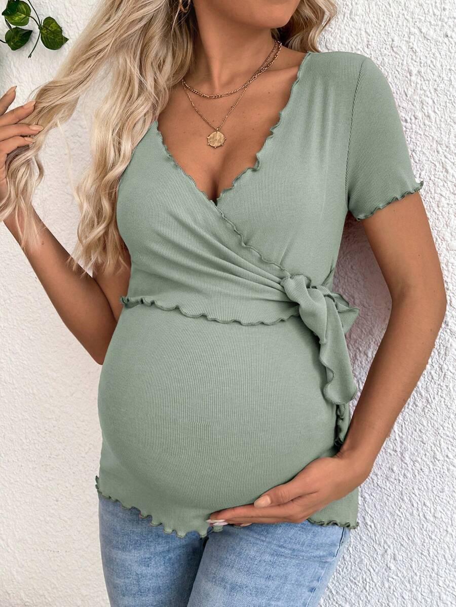 Maternity V-Neck Long Sleeve Tie Front Wrap Top with Lettuce Hem Casual Solid Green Summer Knit T-Shirt