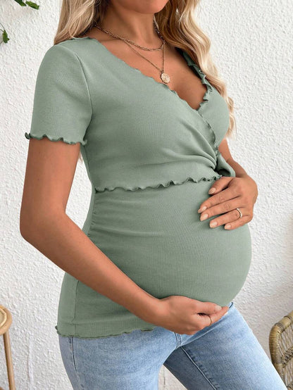Maternity V-Neck Long Sleeve Tie Front Wrap Top with Lettuce Hem Casual Solid Green Summer Knit T-Shirt