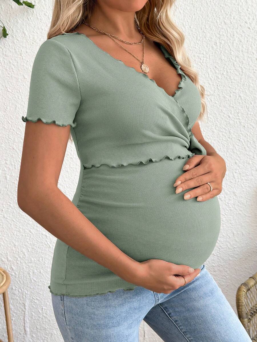 Maternity V-Neck Short Sleeve Belted T-Shirt - Casual Colorblock Regular Fit Summer Knit Top