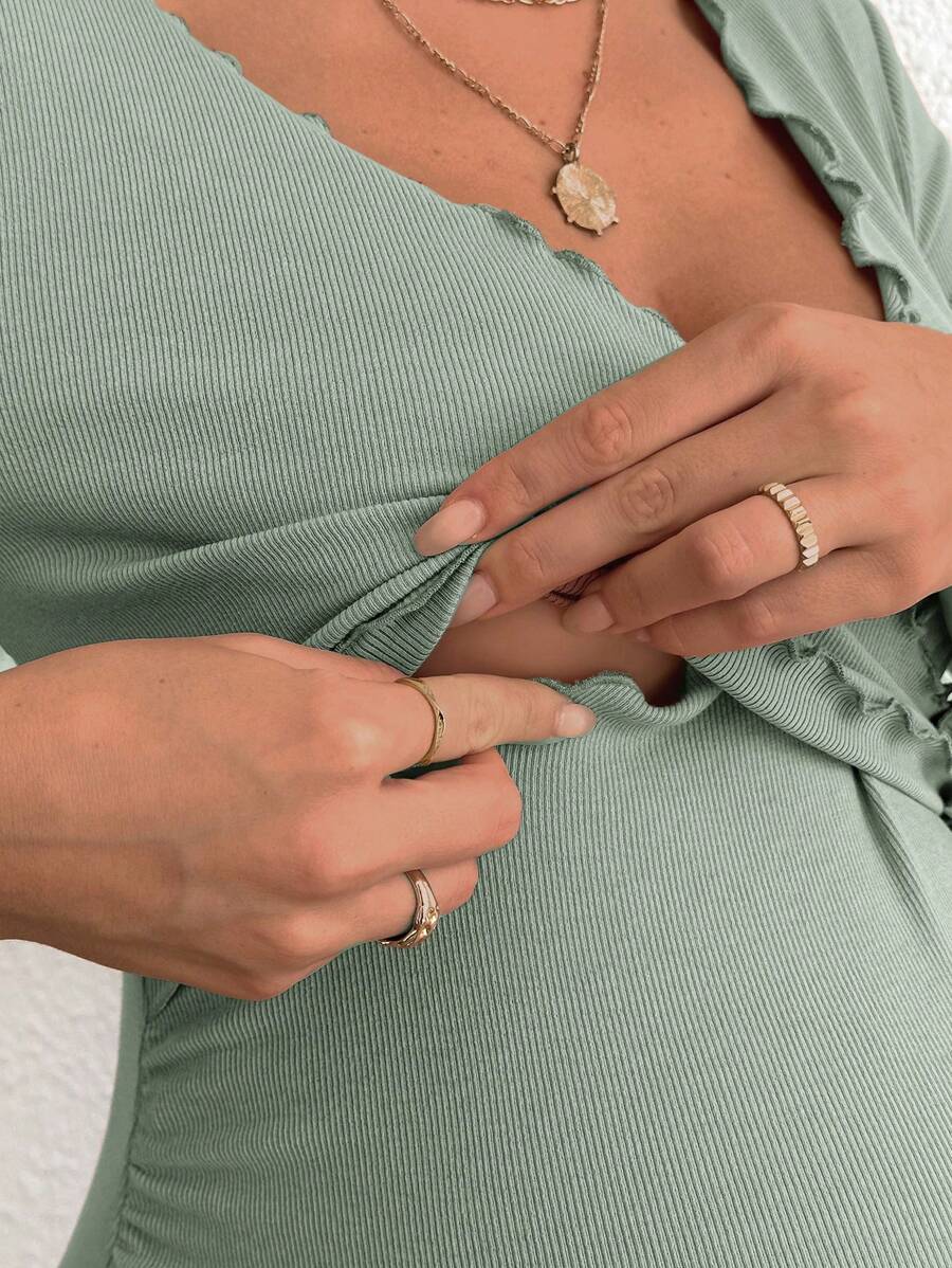 Maternity V-Neck Long Sleeve Tie Front Wrap Top with Lettuce Hem Casual Solid Green Summer Knit T-Shirt