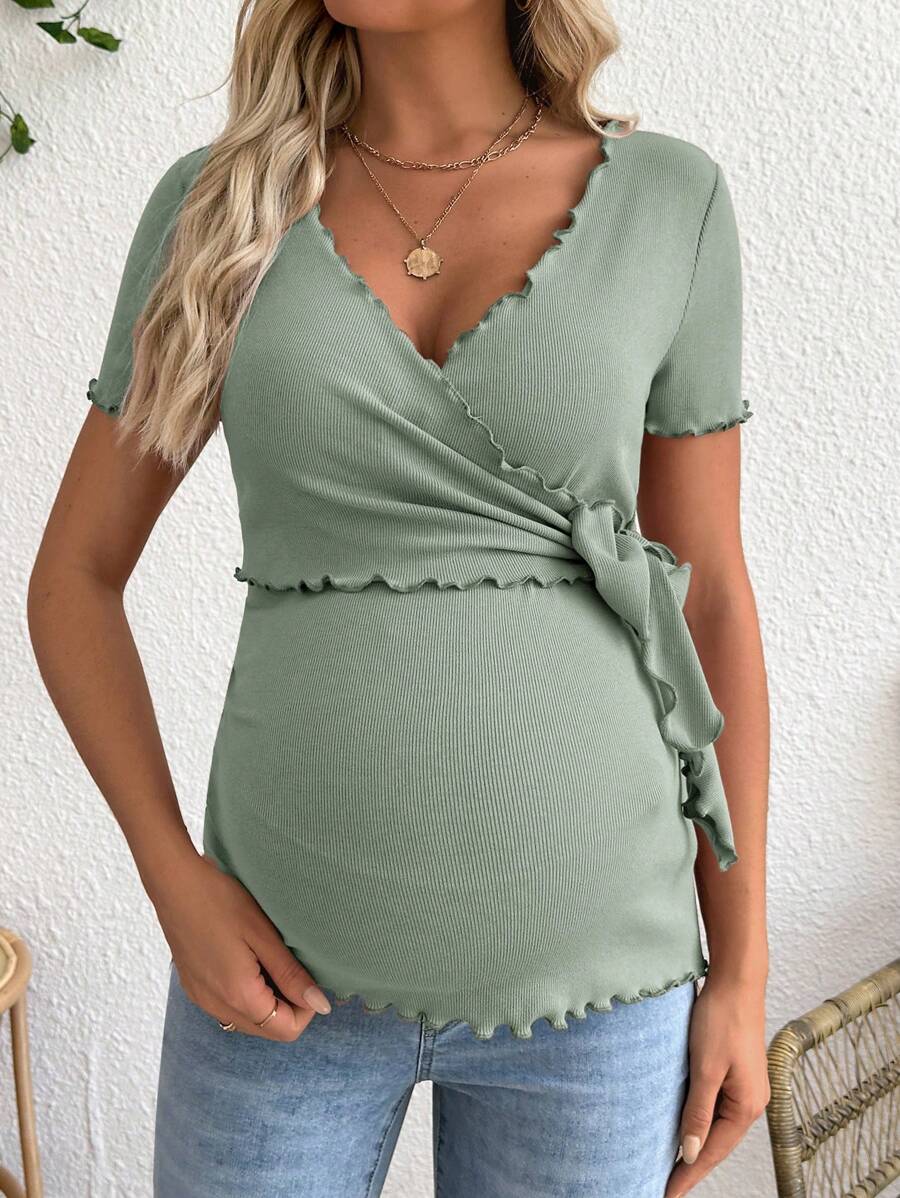 Maternity V-Neck Short Sleeve Belted T-Shirt - Casual Colorblock Regular Fit Summer Knit Top