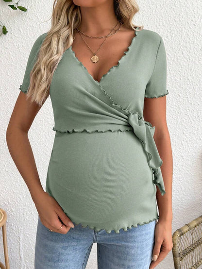 Maternity V-Neck Long Sleeve Tie Front Wrap Top with Lettuce Hem Casual Solid Green Summer Knit T-Shirt