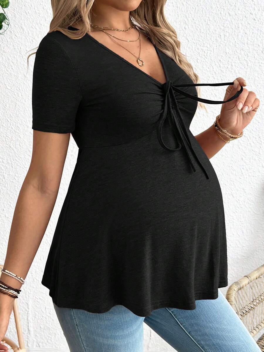 Maternity T-Shirt - Solid Color Front Tie Casual Short Sleeve Soft Stretch, Everyday Pregnancy