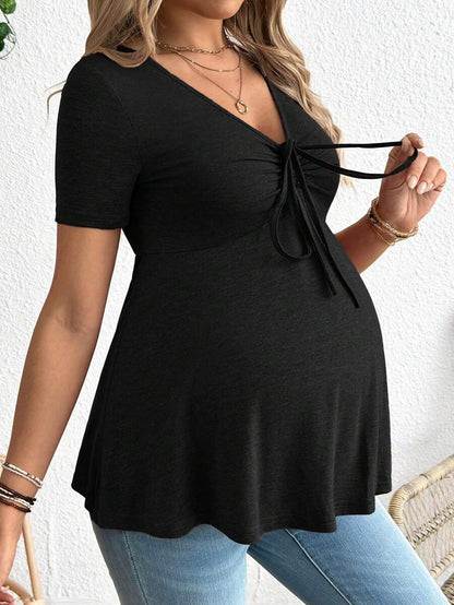 Maternity V-Neck Long Sleeve T-Shirt - Slim Fit Ruched Ruffle Hem Knitted Casual Top for Beach and Daily Wear