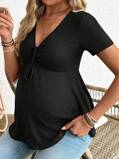 Maternity V-Neck Long Sleeve T-Shirt - Slim Fit Ruched Ruffle Hem Knitted Casual Top for Beach and Daily Wear