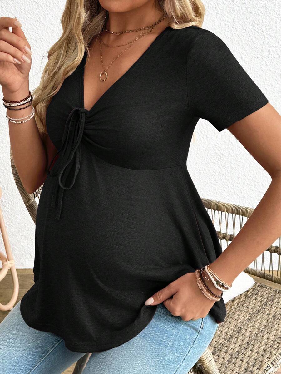 Maternity T-Shirt - Solid Color Front Tie Casual Short Sleeve Soft Stretch, Everyday Pregnancy