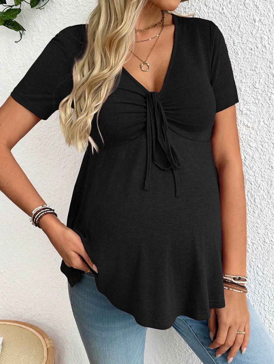 Maternity T-Shirt - Solid Color Front Tie Casual Short Sleeve Soft Stretch, Everyday Pregnancy