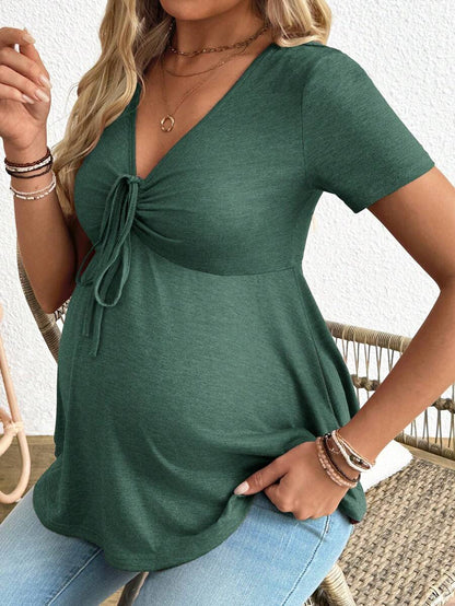 Maternity T-Shirt - Solid Color Front Tie Casual Short Sleeve Soft Stretch, Everyday Pregnancy