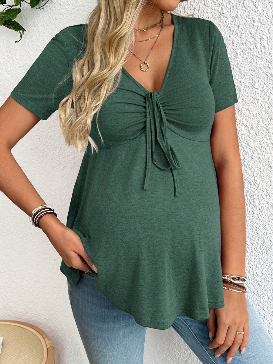 Maternity T-Shirt - Solid Color Front Tie Casual Short Sleeve Soft Stretch, Everyday Pregnancy