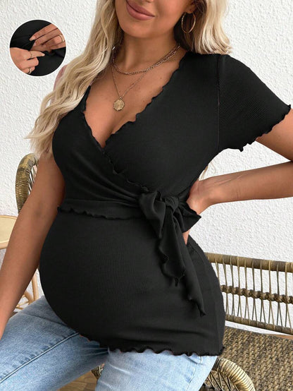 Maternity V-Neck Short Sleeve Belted T-Shirt - Casual Colorblock Regular Fit Summer Knit Top