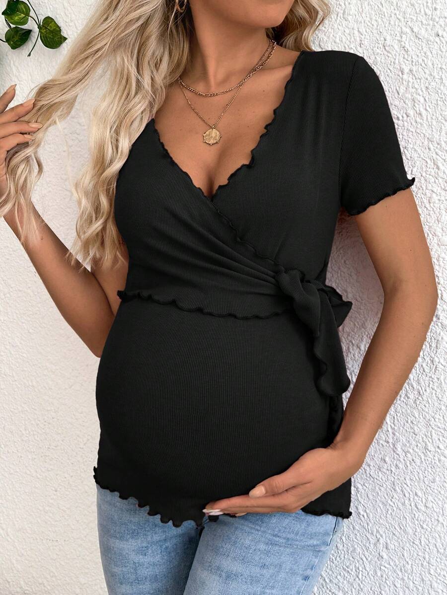 Maternity V-Neck Short Sleeve Belted T-Shirt - Casual Colorblock Regular Fit Summer Knit Top
