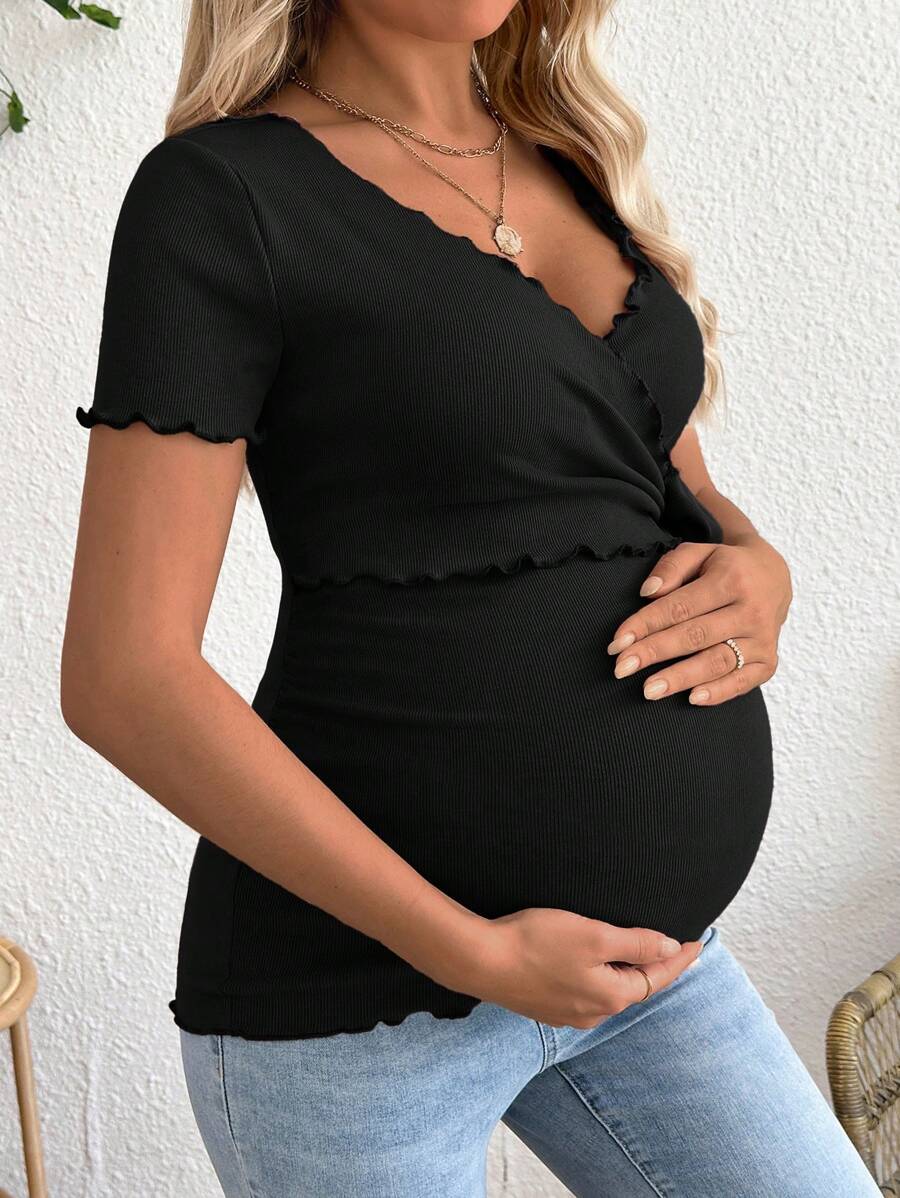 Maternity V-Neck Long Sleeve Tie Front Wrap Top with Lettuce Hem Casual Solid Green Summer Knit T-Shirt