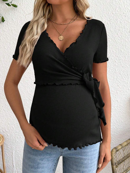 Maternity V-Neck Long Sleeve Tie Front Wrap Top with Lettuce Hem Casual Solid Green Summer Knit T-Shirt