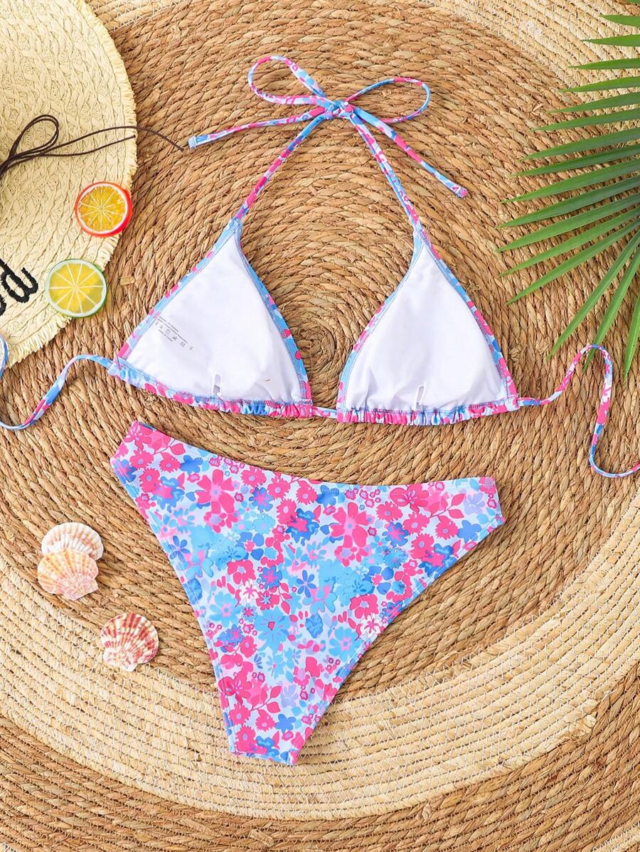 Swim Mod Women's Pink Polka Dot Print Halter Neck Low Waist Triangle Bikini Set, Summer Sexy Spring