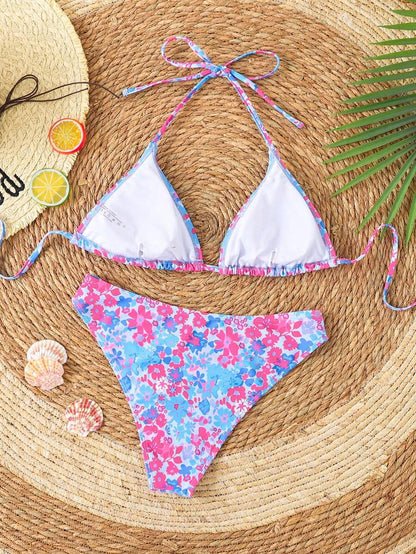 Swim Vcay Women's Summer New Contrast Color Striped Sexy Halter Triangle Cup Bikini Set