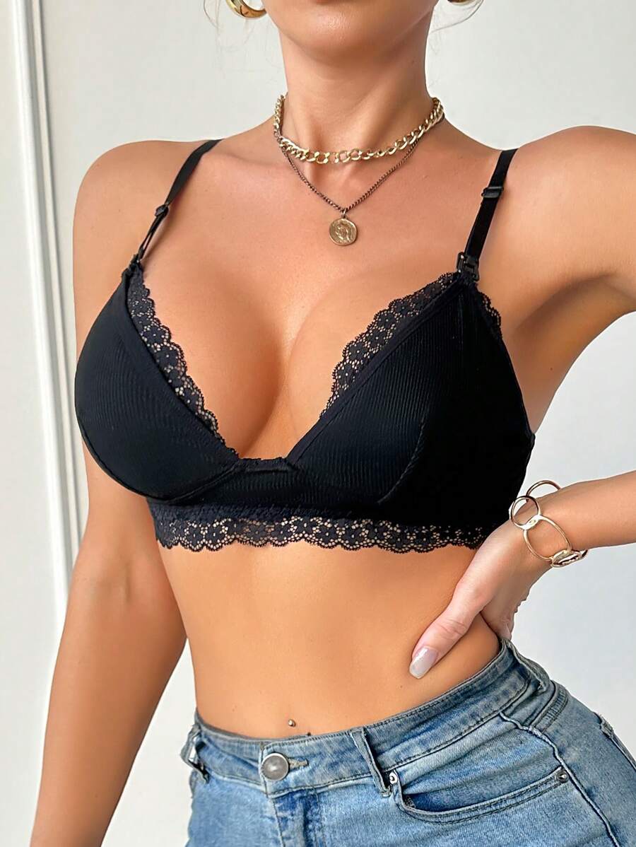 Lace Trim Nursing Bra Wireless Grey Maternity Strapless Bralette with Adjustable Straps for Daily Support