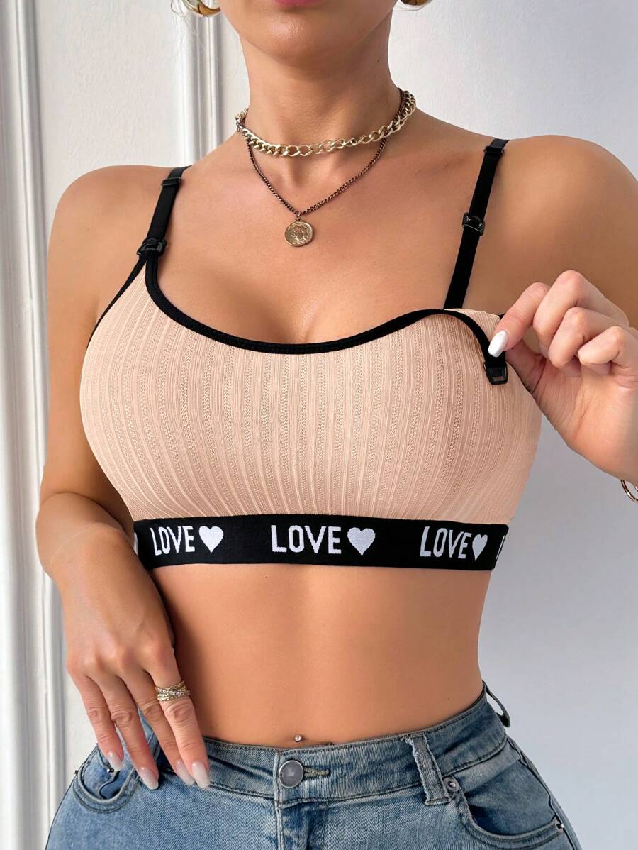 Maternity Nursing Cami Crop Top - Black Letter & Heart Print Sleeveless Wireless Bralette for Daily Comfort & Breastfeeding