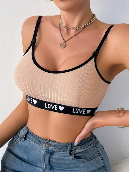 Maternity Nursing Cami Crop Top - Black Letter & Heart Print Sleeveless Wireless Bralette for Daily Comfort & Breastfeeding