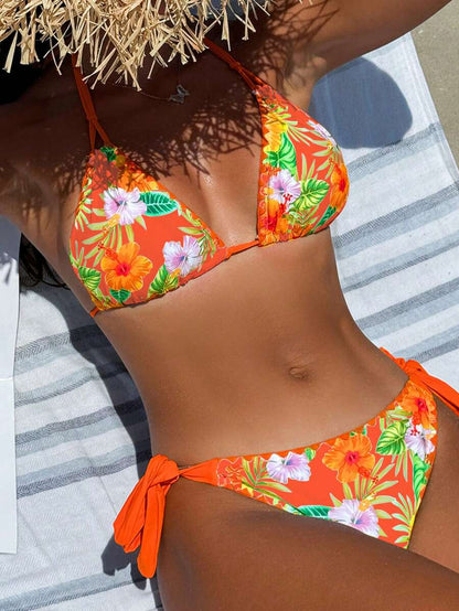 Swim Vcay Women's Tropical Plant Print Halter Neck Tie Sexy Bikini Set For Summer Beach, Random Print