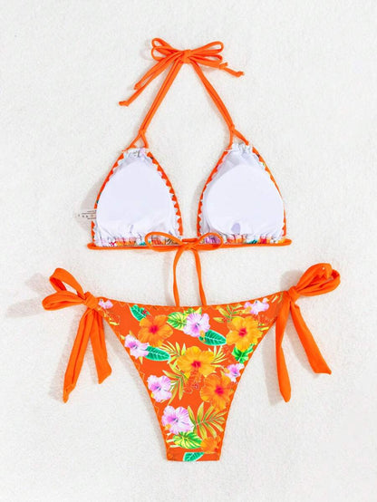 Swim Vcay Women's Tropical Plant Print Halter Neck Tie Sexy Bikini Set For Summer Beach, Random Print