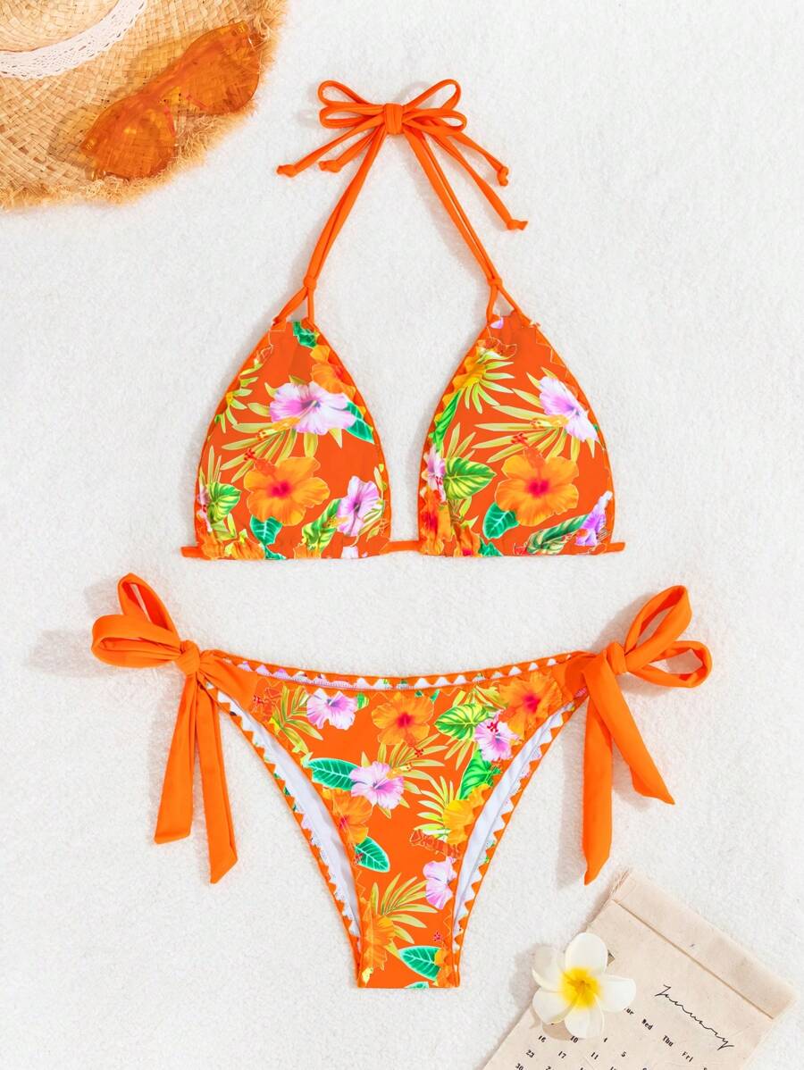 Swim Vcay Women's Tropical Plant Print Halter Neck Tie Sexy Bikini Set For Summer Beach, Random Print