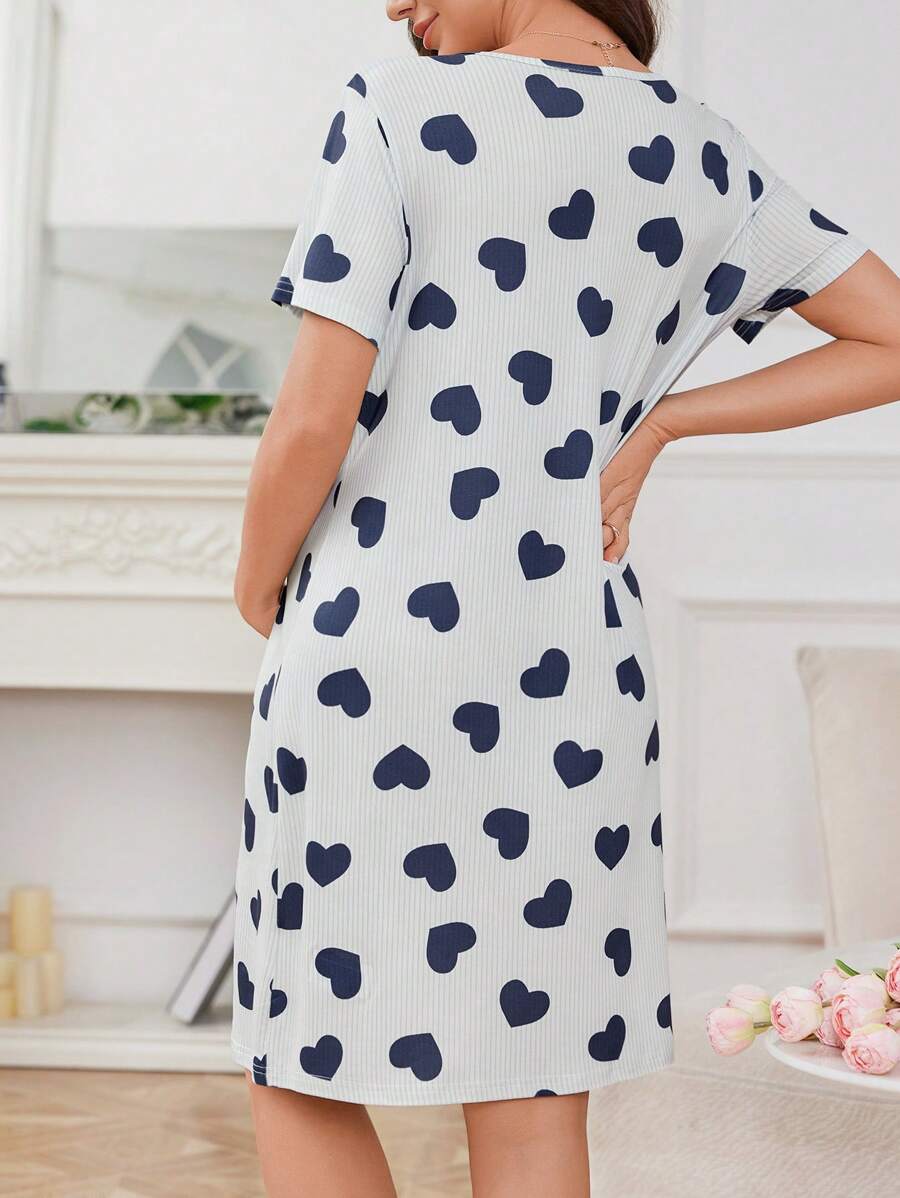 Maternity Heart Print Nightgown Women Button Front Short Sleeve Sleep Dress with Pocket