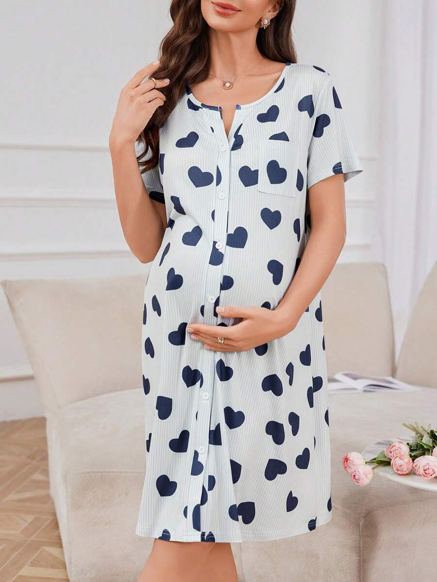 Maternity Heart Print Nightgown Women Button Front Short Sleeve Sleep Dress with Pocket