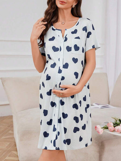 Maternity Heart Print Nightgown Women Button Front Short Sleeve Sleep Dress with Pocket