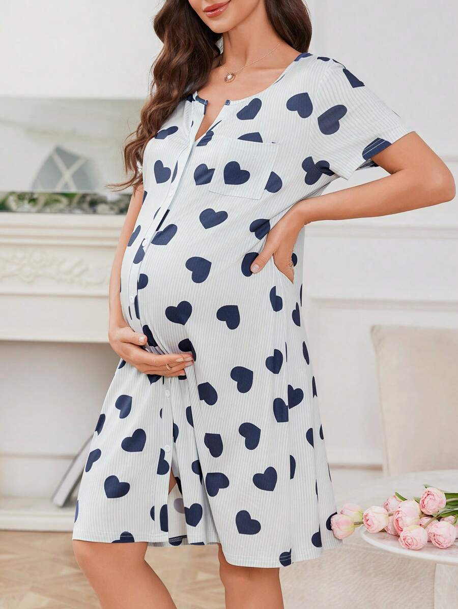 Maternity Heart Print Nightgown Women Button Front Short Sleeve Sleep Dress with Pocket
