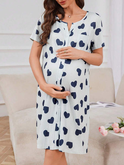 Maternity Heart Print Nightgown Women Button Front Short Sleeve Sleep Dress with Pocket