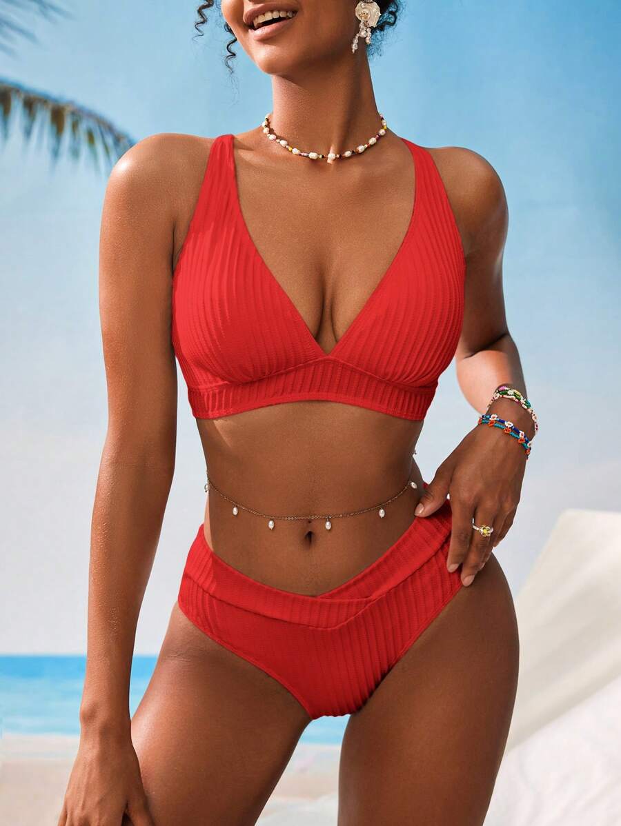 Swim Vcay Women V-Neck Textured Striped Bikini Set For Summer Beach Vacation