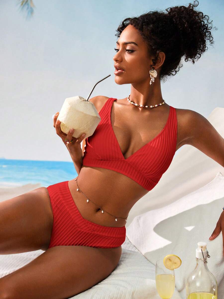 Women's V-Neck Textured Tankini Set - Ruched, Spaghetti Strap, High Waist, Multicolor