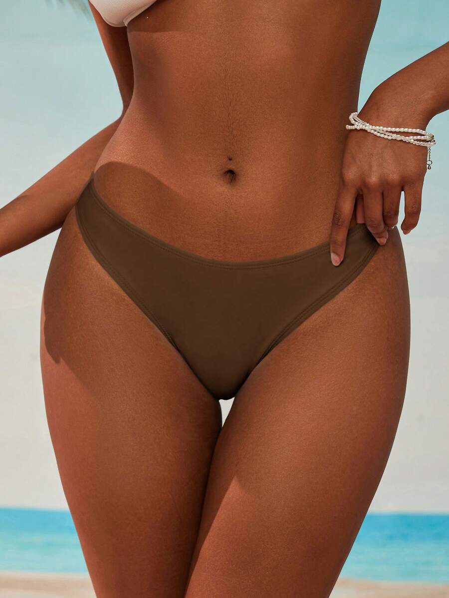 Swim Vcay Summer Beach Plain Ribbed Knit Bikini Bottom