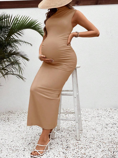 Maternity Casual V-Neck Fitted Long Ruched Tank Dress in Navy Blue - Slim Fit Sleeveless Knitted Beach Maxi for Summer