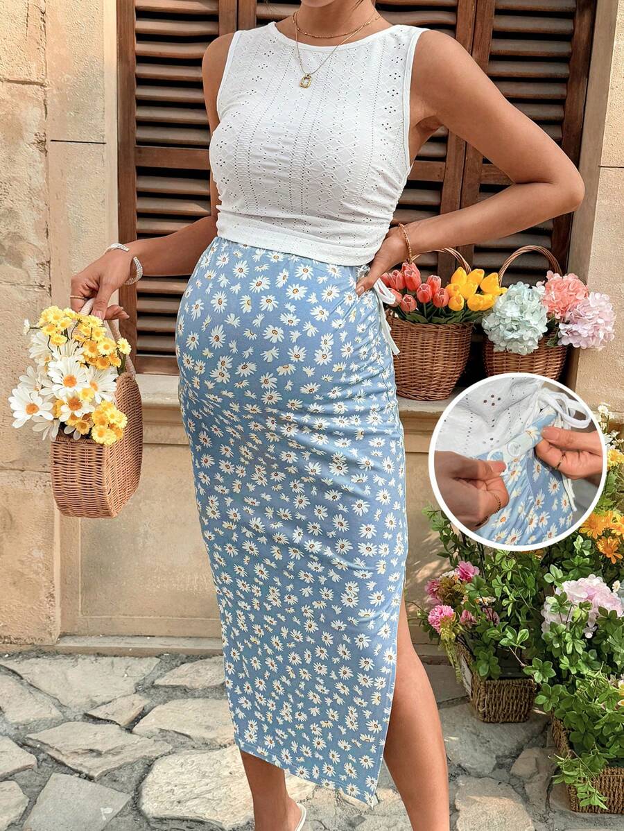 Maternity 2-Piece Set with Floral Embroidery Tank Top and Daisy Print Midi Skirt for Beach Vacation and Casual Summer Wear