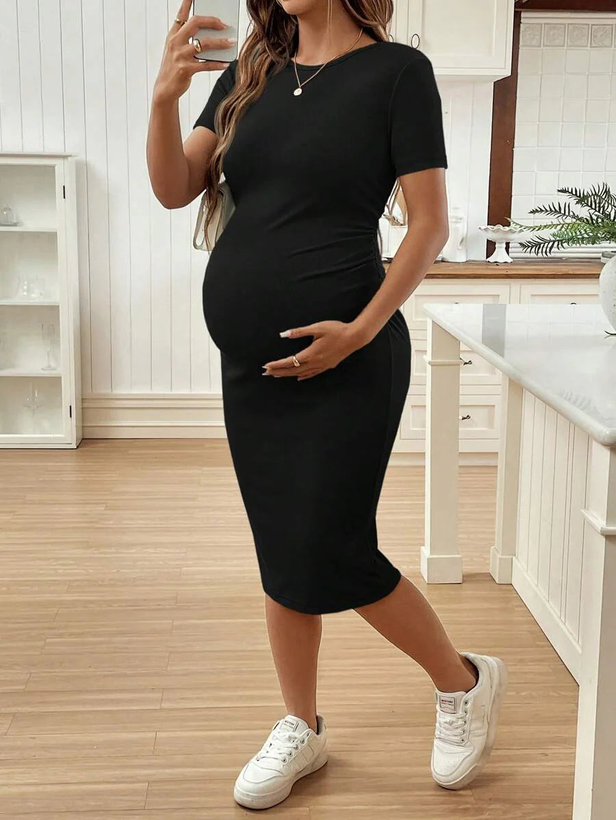 Maternity Short Sleeve Round Neck Bodycon Dress Slim Fit Ruched Knee Length Pencil Dress for Casual Street Style