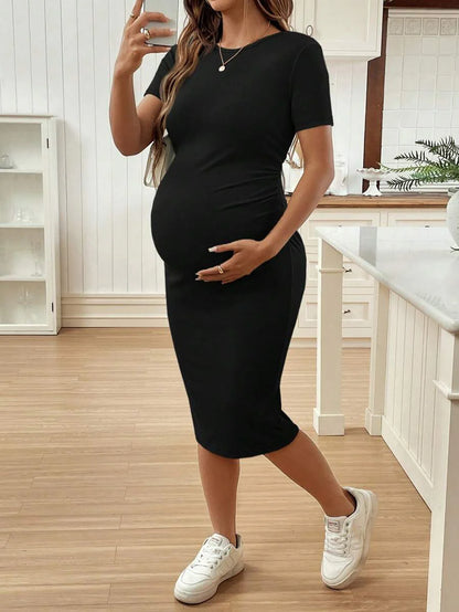 Maternity Short Sleeve Round Neck Bodycon Dress Slim Fit Ruched Knee Length Pencil Dress for Casual Street Style