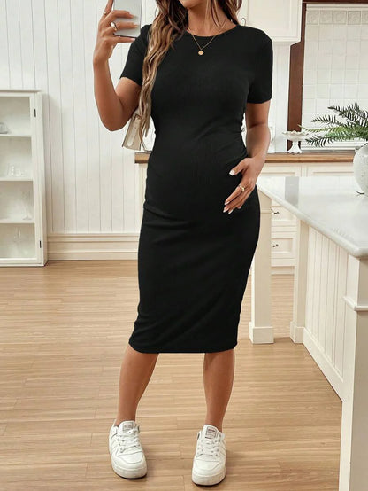 Maternity Short Sleeve Round Neck Bodycon Dress Slim Fit Ruched Knee Length Pencil Dress for Casual Street Style