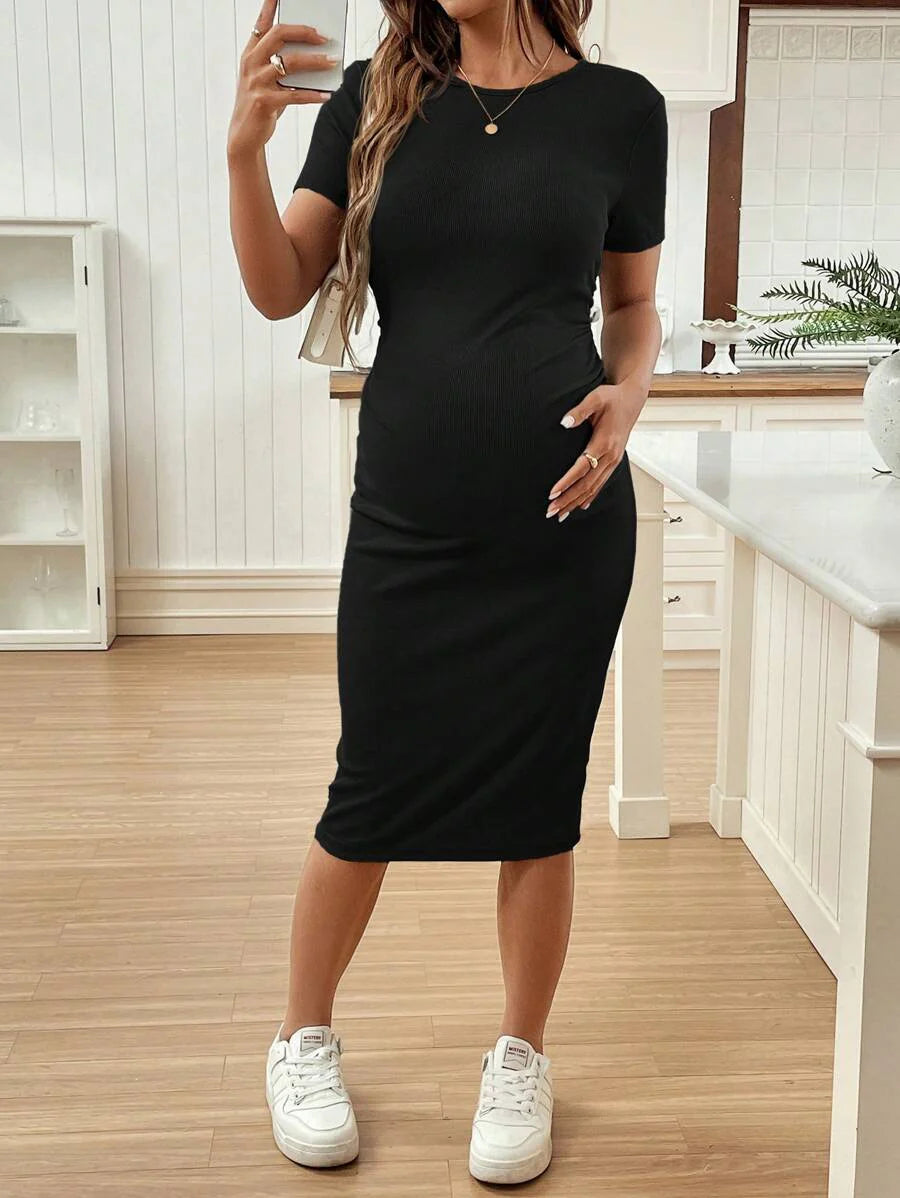 Maternity Short Sleeve Crew Neck Ruched Bodycon Dress Slim Fit Knee Length Solid Color Casual Streetwear Maternity T-Shirt Dress