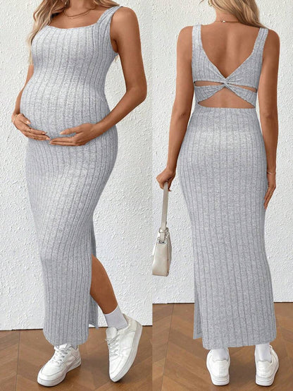Dusty Pink Ribbed Maternity Bodycon Midi Dress with Twist Back and Side Slit Hem - Sleeveless Summer Knit Cami Dress