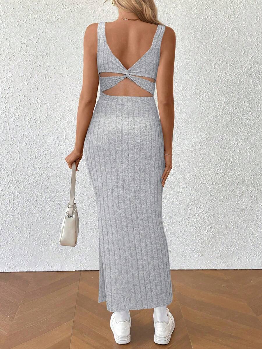 Maternity Summer Minimalist Ribbed Twist Back Slit Midi Dress Apricot Sleeveless Cami Dress for Babymoon