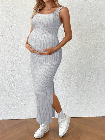 Dusty Pink Ribbed Maternity Bodycon Midi Dress with Twist Back and Side Slit Hem - Sleeveless Summer Knit Cami Dress
